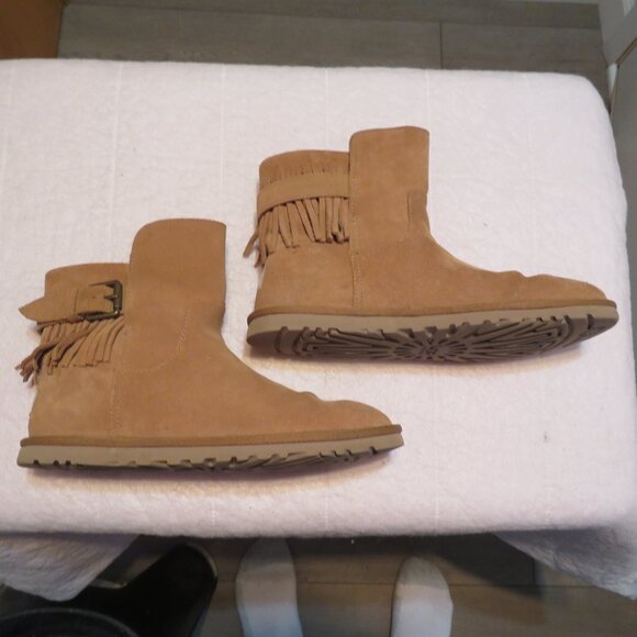 Women's UGG Cara Chestnut Suede Fringe Buckle Ankle Boots - Picture 2 of 7